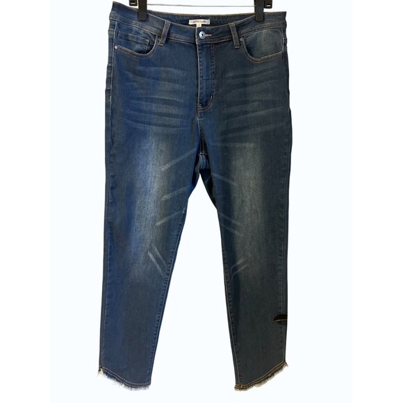 John Mark Raw Hem Crop Jeans Size 14 High Rise Stretch Blue Distressed Denim - Picture 1 of 14